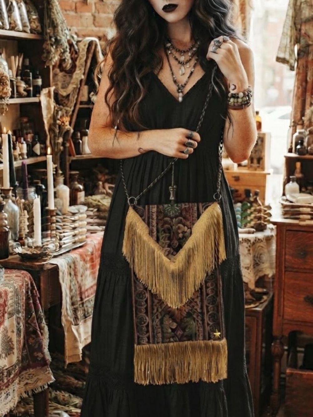 Fringed Tapestry Crossbody Bag in Gold and Brown - Picture 1 of 5